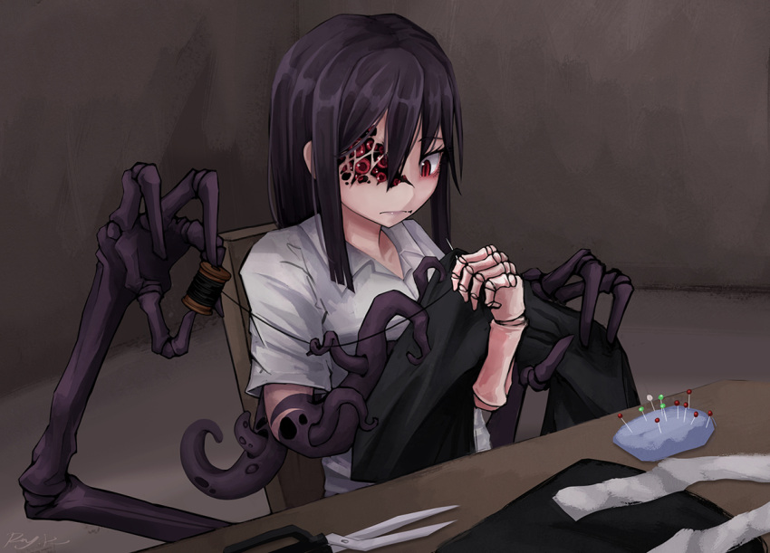 1girl, ageha_(ray-k), artist_name, black_hair, chair, cloth, extra_arms, hair_between_eyes