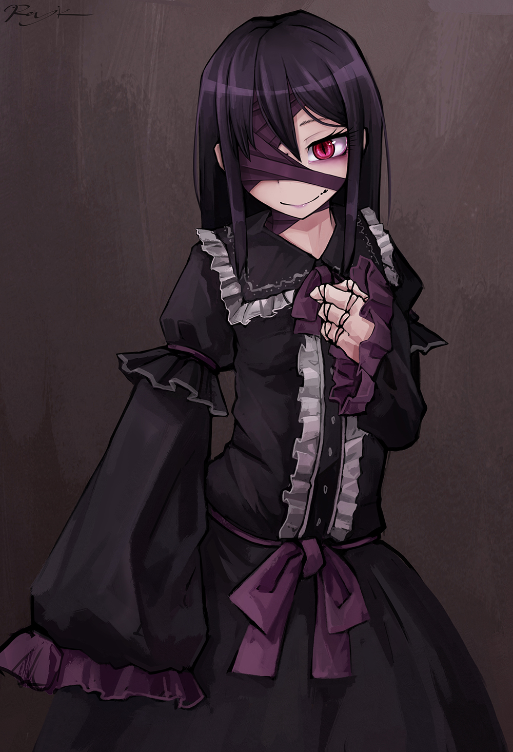 1girl, ageha_(ray-k), artist_name, asymmetrical_sleeves, black_dress, black_hair, doll_joints, dress