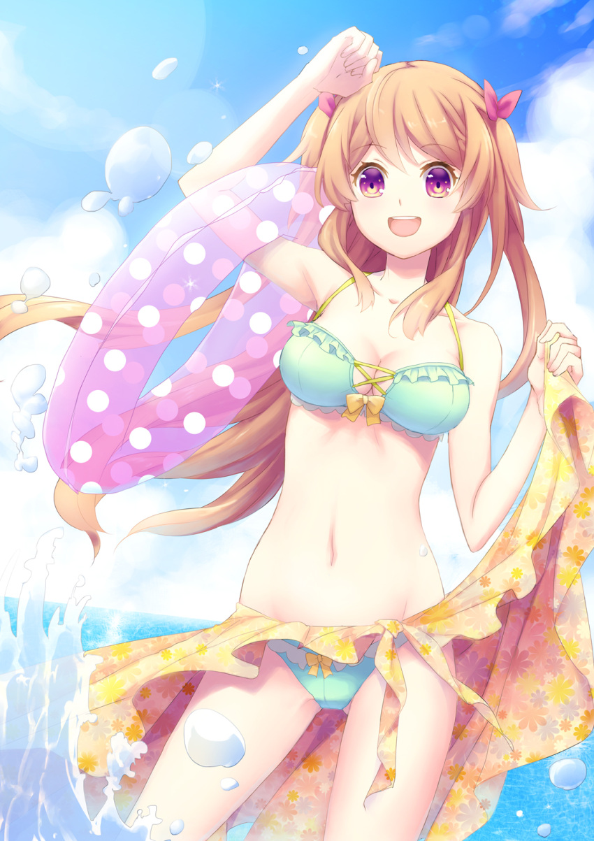 1girl, :d, bikini, bow, bow_bikini, breasts, brown_hair, character_request, cleavage, copyright_request, gluteal_fold, green_bikini, hair_bow, highres, innertube, lens_flare, long_hair, looking_at_viewer, medium_breasts, moe2014, navel, open_mouth, original, polka_dot_innertube, sabu, sarong, smile, solo, swimsuit, twintails, two_side_up, very_long_hair, water