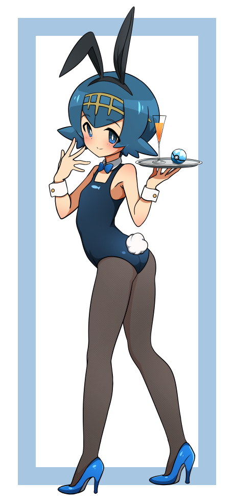 1girl, alternate_costume, animal_ears, ass, bare_arms, black_legwear, blue_eyes, blue_hair