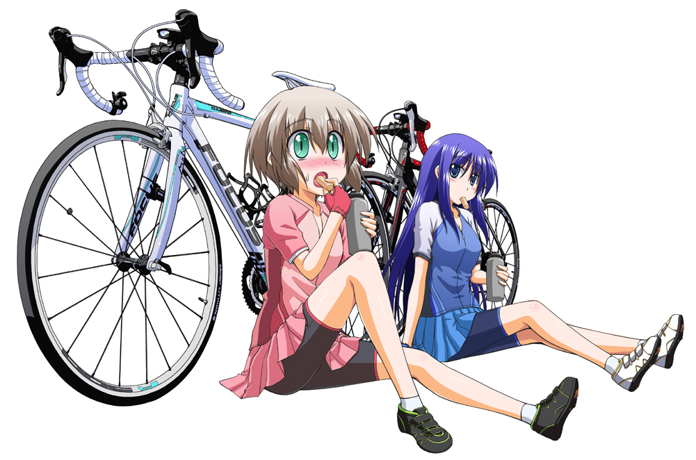 2girls, bicycle, bike_shorts, blue_eyes, blue_hair, blush, bottle, commentary_request