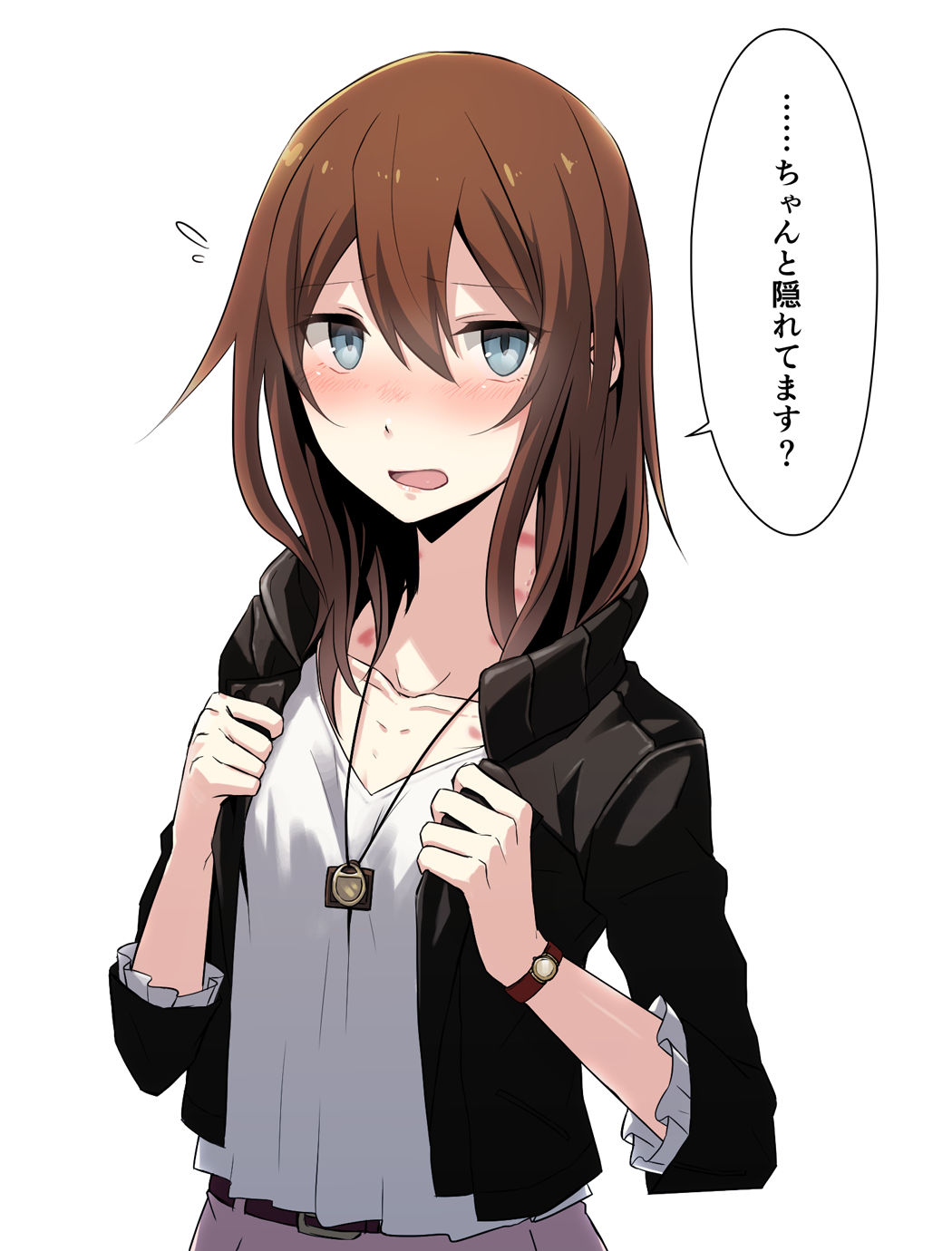 1girl, belt, blue_eyes, blush, brown_hair, flying_sweatdrops, hickey, highres