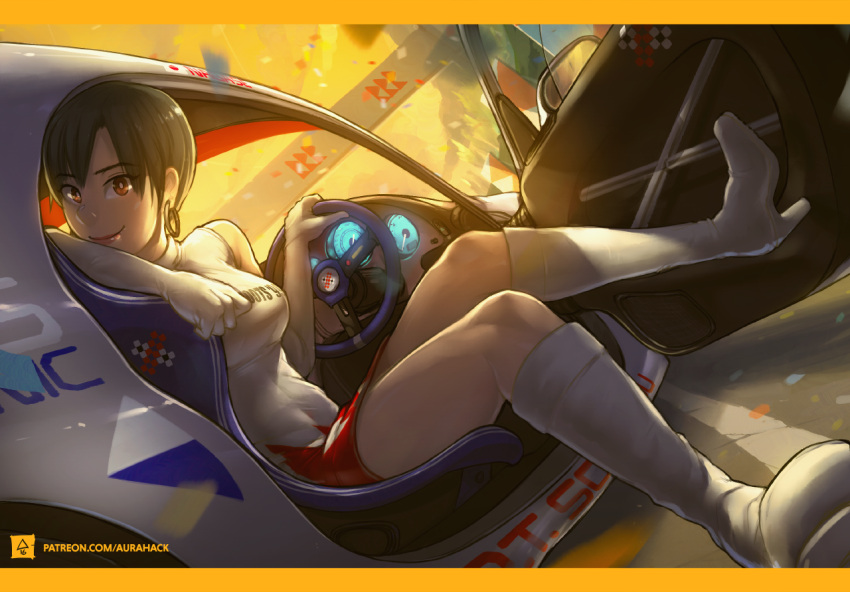 1girl, arm_rest, bare_shoulders, black_hair, boots, breasts, brown_eyes, car