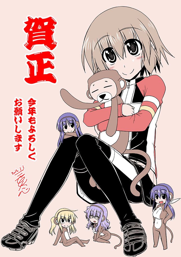 2016, 5girls, :d, animal_costume, bike_jersey, bike_shorts, black_legwear, brown_hair