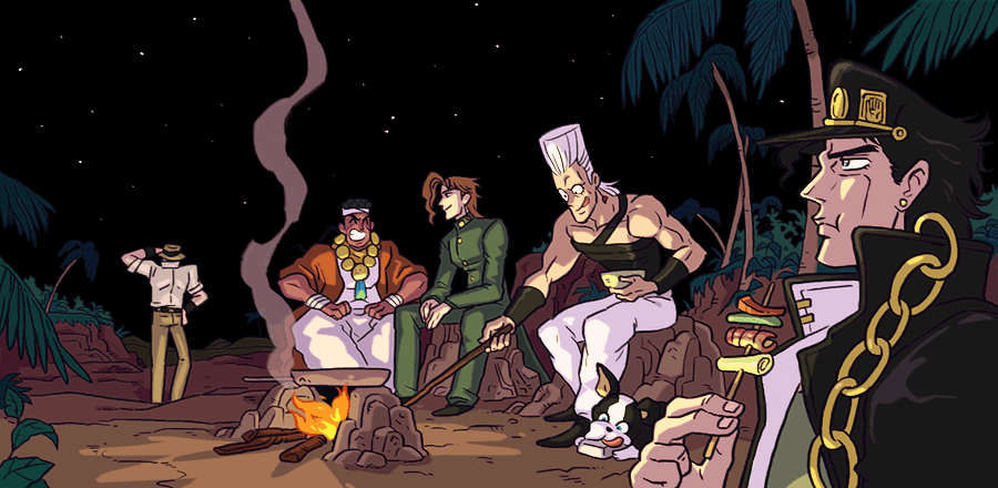 5boys, animated, animated_gif, biceps, cooking, dog, eating, fire