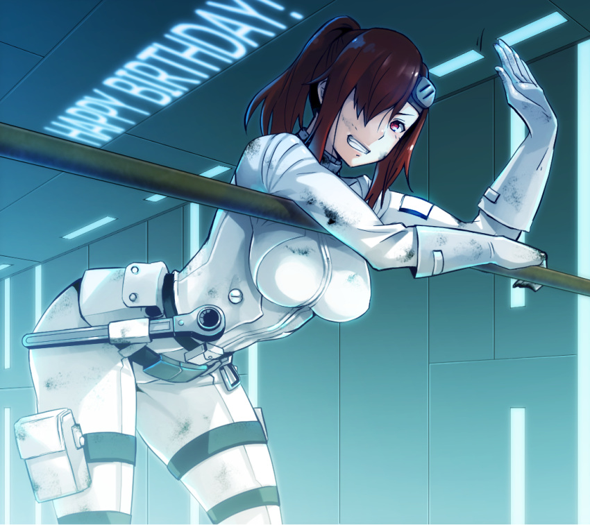 1girl, bent_over, bodysuit, breasts, dirty_face, gloves, grin, hair_over_one_eye, looking_at_viewer, ponytail, red_eyes, redhead, sasaki_(sidonia_no_kishi), sidonia_no_kishi, smile, solo, teeth, tsukasa_(evening-g-low), white_gloves