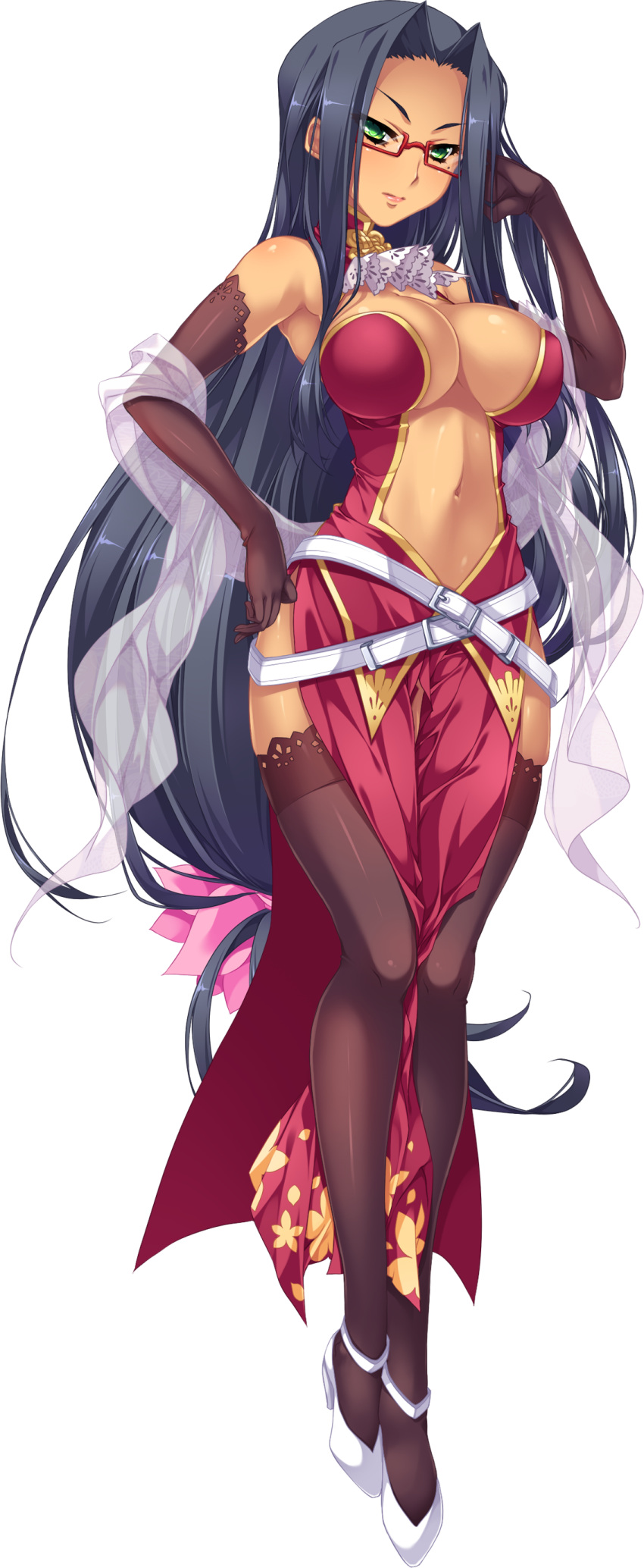 1girl, absurdres, beltskirt, between_legs, black_hair, breasts, brown_gloves, brown_legwear