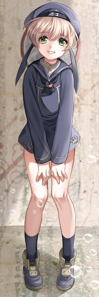 1girl, anchor, blue_legwear, boba, clothes_writing, dress, green_eyes, hat