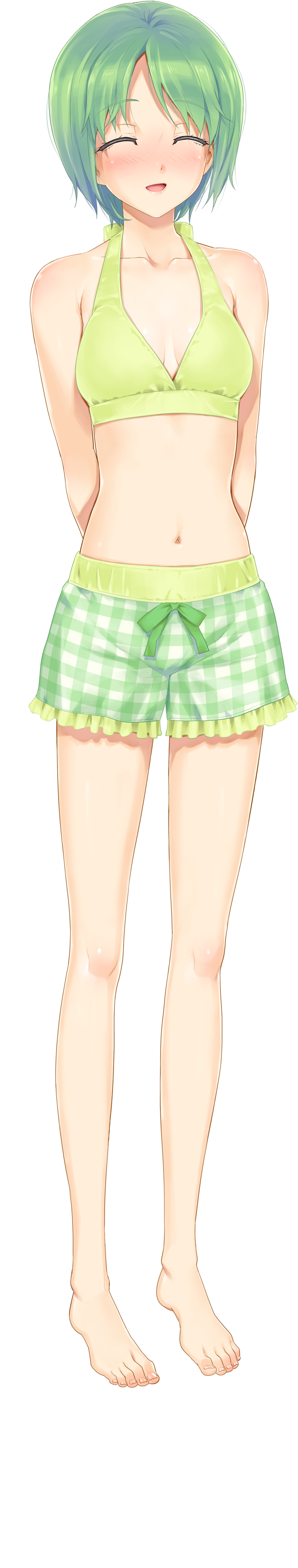 1girl, absurdres, arms_behind_back, barefoot, bikini, bikini_shorts, bikini_top, bishoujo_mangekyou