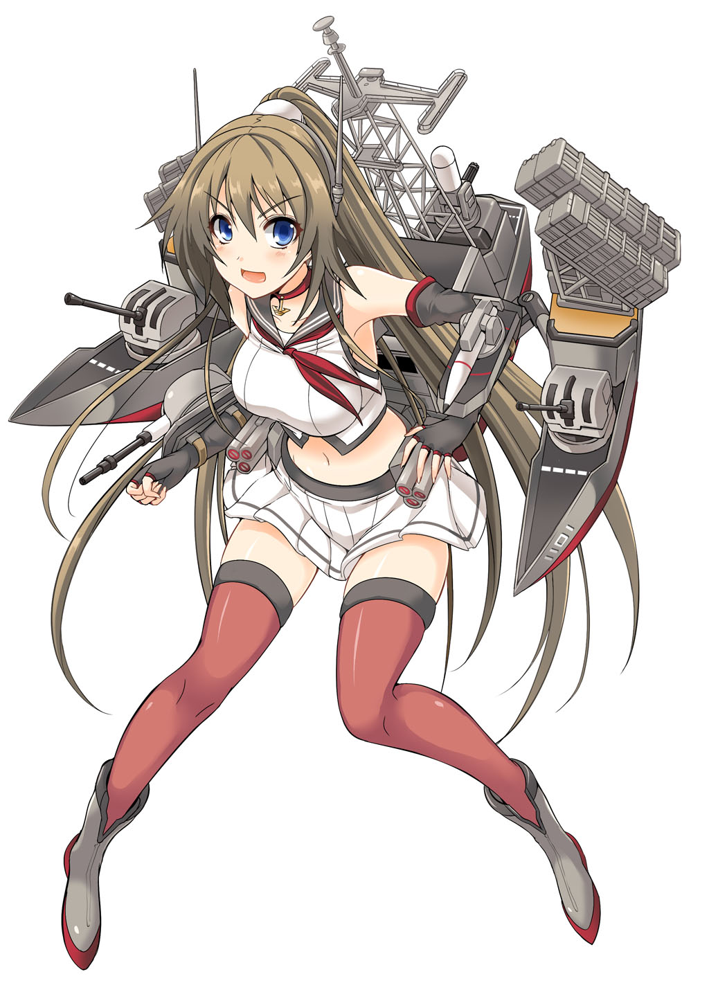 >:d, 1girl, :d, armpits, bare_shoulders, black_gloves, blue_eyes, blush, breasts, brown_hair, choker, crop_top, elbow_gloves, fingerless_gloves, full_body, gloves, groin, highres, kantai_collection, large_breasts, long_hair, looking_at_viewer, machinery, missile_pod, navel, nekoi_hikaru, open_mouth, original, personification, phalanx_ciws, ponytail, red_legwear, rigging, shirt, skirt, sleeveless, sleeveless_shirt, smile, smokestack, solo, thigh-highs, torpedo, turret, very_long_hair, white_skirt