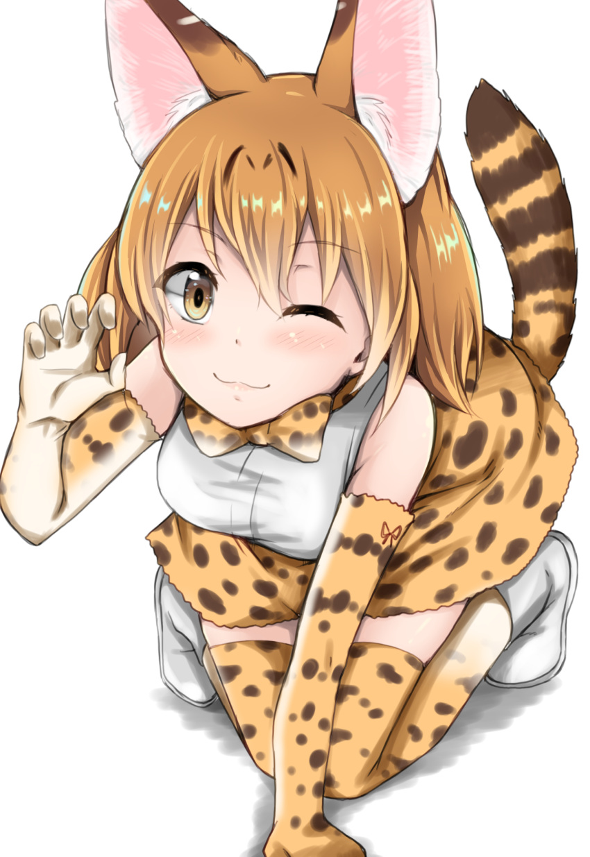 1girl, ;3, animal_ears, blonde_hair, blush, boots, cat_ears, cat_tail