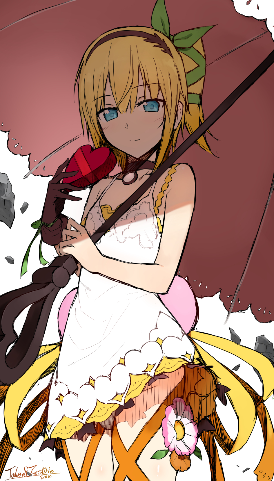 1girl, akitaka_(pixiv12739753), blonde_hair, blue_eyes, box, chocolate, chocolate_heart, choker