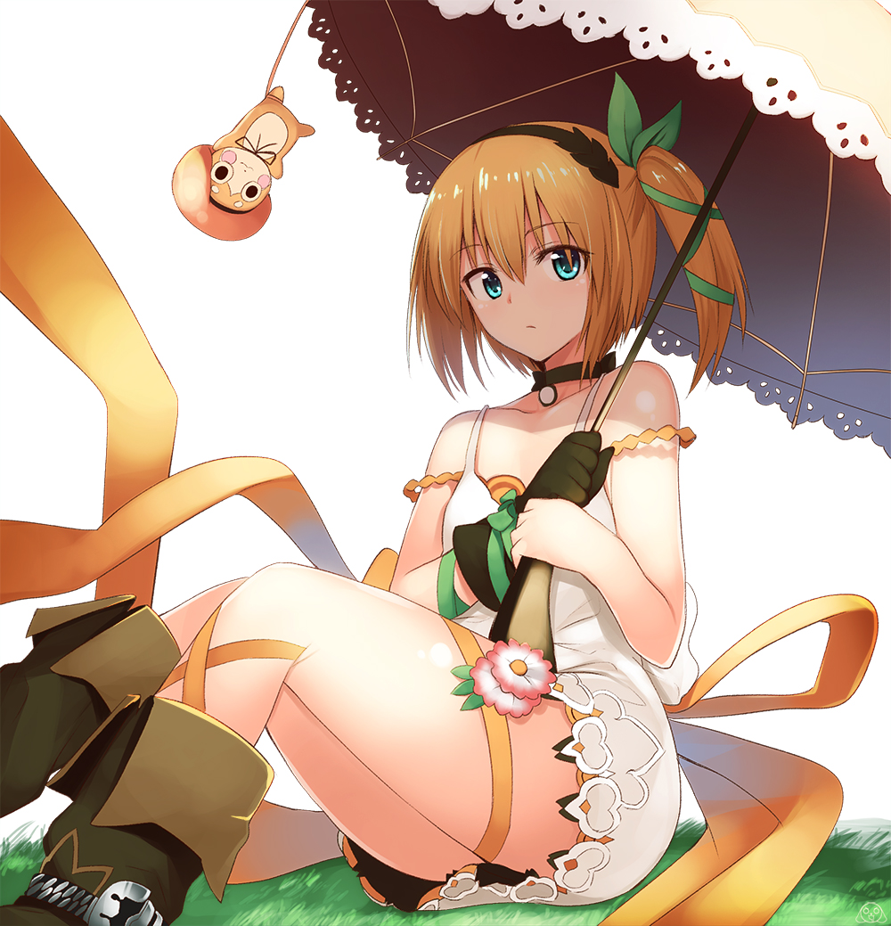 1girl, blonde_hair, blue_eyes, boots, choker, dress, edna_(tales), flower