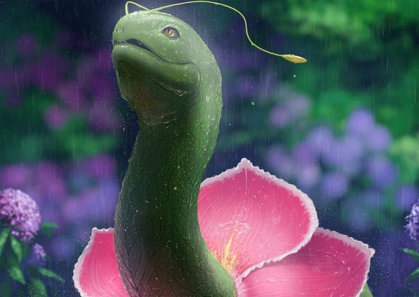 antennae, dekunobou_kizakura, flower, green_skin, hydrangea, long_neck, looking_up, meganium