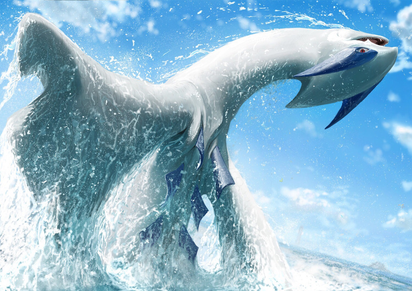 dekunobou_kizakura, fangs, looking_at_viewer, lugia, no_humans, ocean, pokemon, pokemon_(creature)