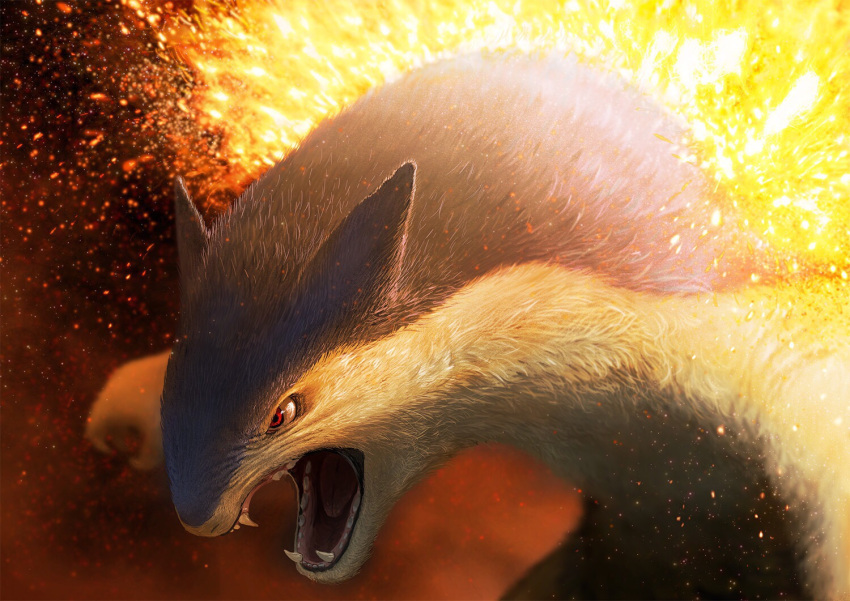 dekunobou_kizakura, embers, fangs, fire, no_humans, open_mouth, pokemon, pokemon_(creature)