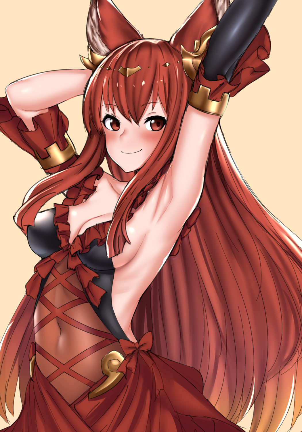 1girl, animal_ears, anthuria, arm_up, armpits, blush, breasts, brown_eyes