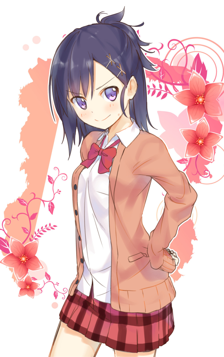 >:), 1girl, absurdres, bangs, blush, cardigan, checkered, checkered_skirt