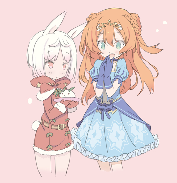 alisa_kirsten, animal_ears, blade_(galaxist), blush, bunny_tail, commentary, commentary_request, dress, eyebrows, eyebrows_visible_through_hair, flat_chest, gloves, gradient_hair, green_eyes, long_hair, multicolored_hair, multiple_girls, official_art, open_mouth, orange_hair, pink_hair, pop-up_story, rabbit_ears, red_eyes, ruri_ookami, short_hair, smile, snow_bunny, tail, white_hair