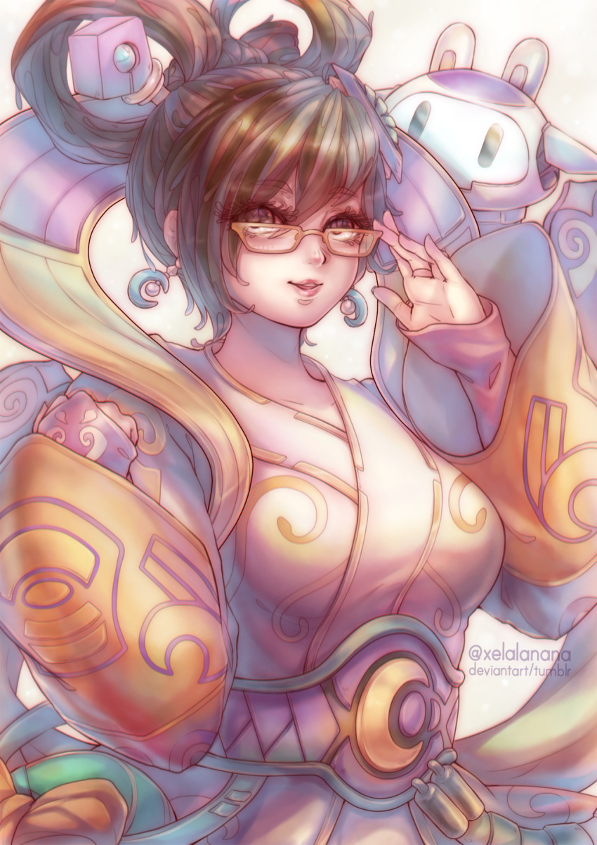 :d, adjusting_glasses, animal_ears, arm_guards, artist_name, breasts, brown_hair, chang'e_mei