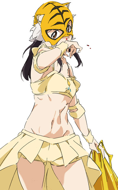 abs, armband, black_hair, blood, brown_hair, elbow_pads, mask, midriff