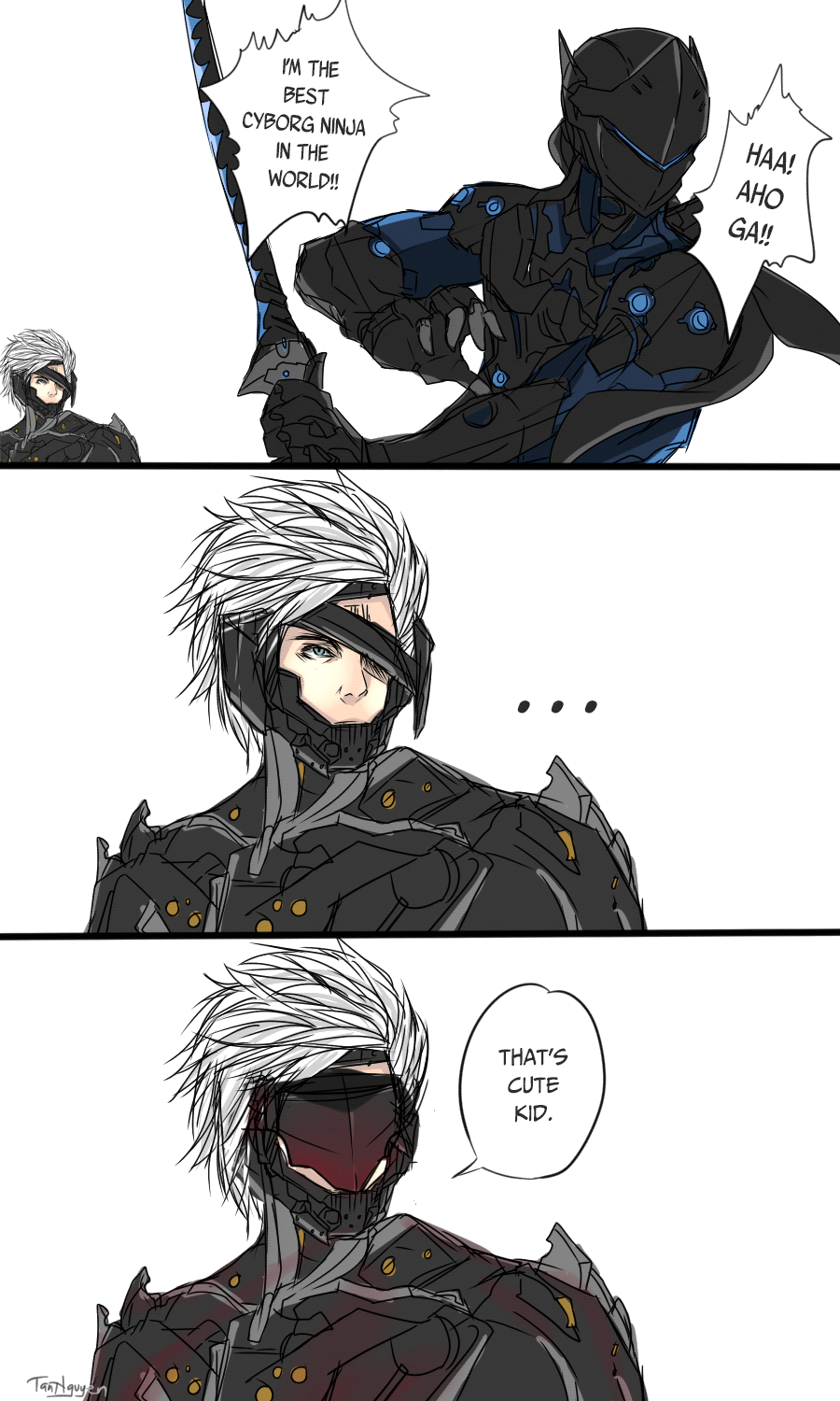 ..., 2boys, 3koma, blue_eyes, comic, crossover, cyborg, english, eyepatch, genji_(overwatch), highres, metal_gear_(series), metal_gear_rising:_revengeance, multiple_boys, overwatch, raiden, shisarou, short_hair, sword, trait_connection, visor, weapon, white_hair