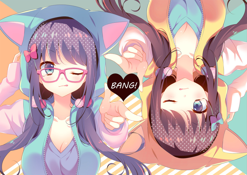 >;q, 2girls, animal_hood, arm_up, bangs, blue_bow, blue_eyes, blush