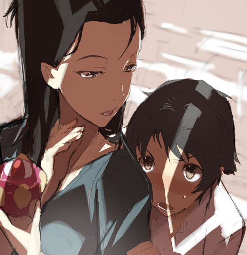 brown_eyes, food, konno_makoto, shade, shadow, short_hair, sketch, tanu, toki_wo_kakeru_shoujo, yoshiyama_kazuko
