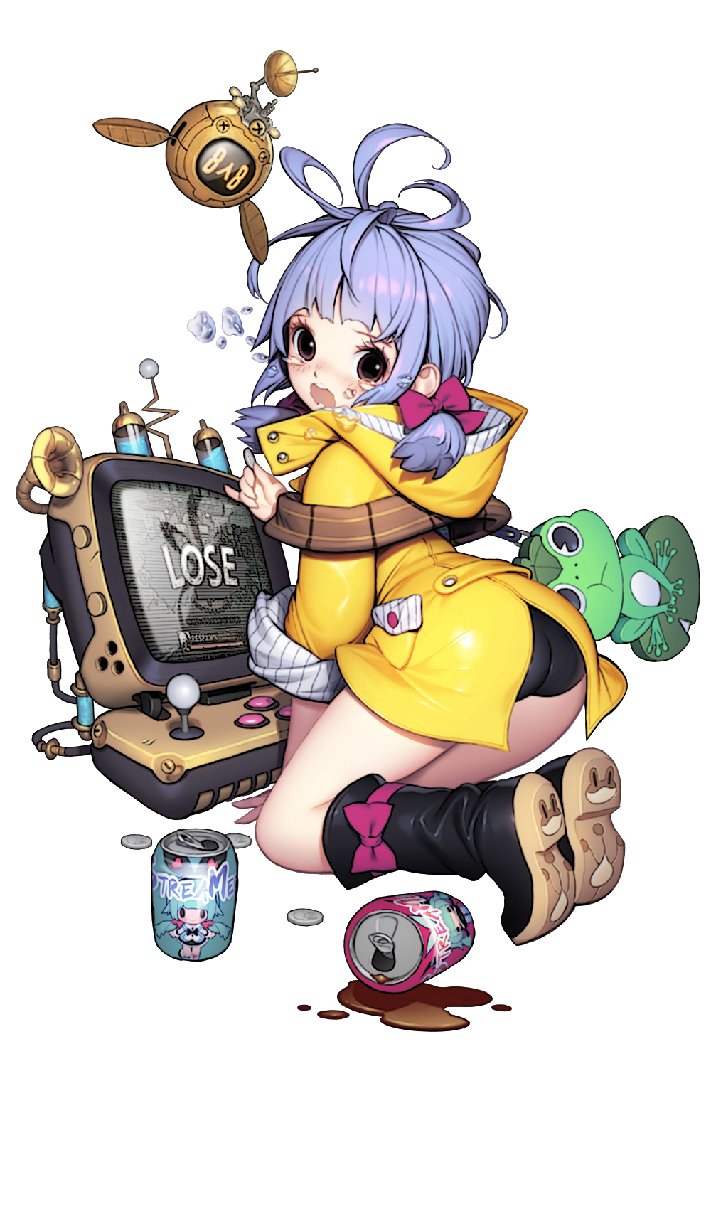 1girl, ahoge, animal, antenna_hair, arcade, arcade_stick, ass, bangs, black_boots, blunt_bangs, boots, bow, bow_legwear, brown_eyes, can, charlotte_(cyphers), coin, controller, crying, cyphers, drone, eyelashes, floating, frog, from_behind, game_controller, hair_bow, hand_up, highres, hood, hood_down, hooded_coat, joystick, knee_boots, kneeling, lily_pad, long_sleeves, looking_at_viewer, looking_back, low_twintails, mandrill, medium_hair, monitor, open_mouth, pinky_out, playing_games, pocket, purple_bow, purple_hair, raincoat, round_teeth, short_hair, short_sleeves, short_twintails, sidelocks, sleeves_rolled_up, smile, solo, teardrop, tears, teeth, thighs, transparent_background, twintails, video_game, wavy_mouth, yellow_coat