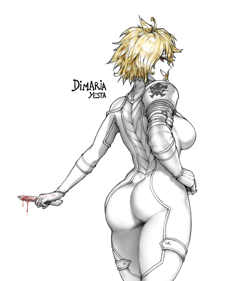 1girl, armor, ass, back, bangs, blonde_hair, blood, bloody_weapon