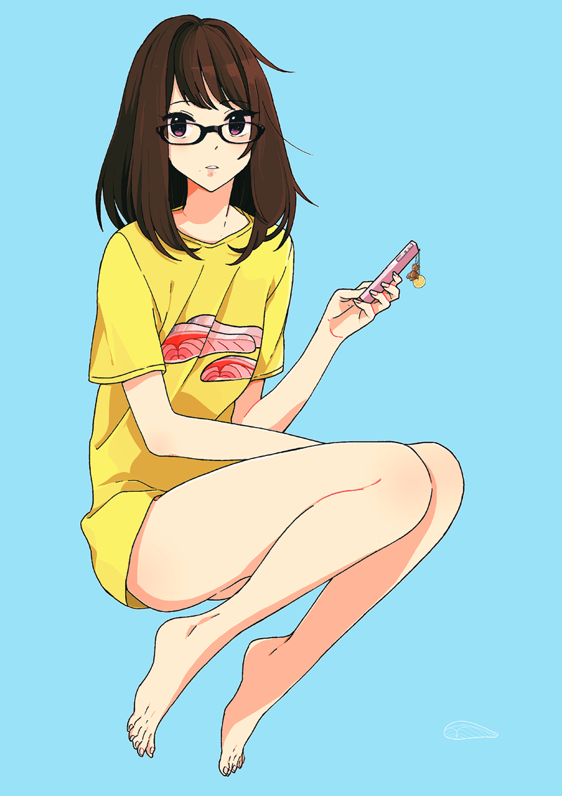 1girl, aqua_background, bangs, barefoot, black-framed_eyewear, blue_background, bottomless, brown_hair