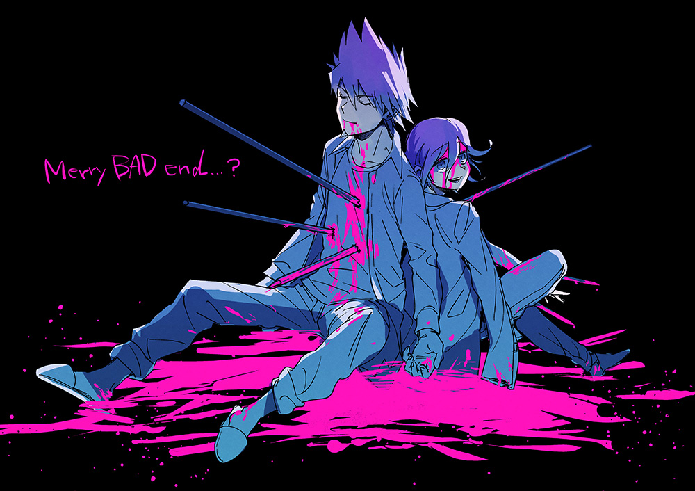 2boys, back-to-back, bad_end, black_hair, blood, blood_from_mouth, blood_on_face, blood_splatter