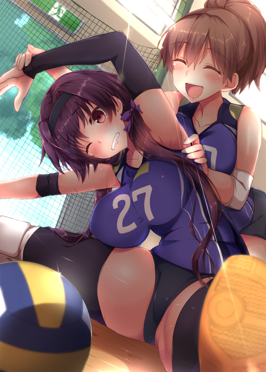 2girls, :d, ^_^, absurdres, armpits, bangs, blush, breasts
