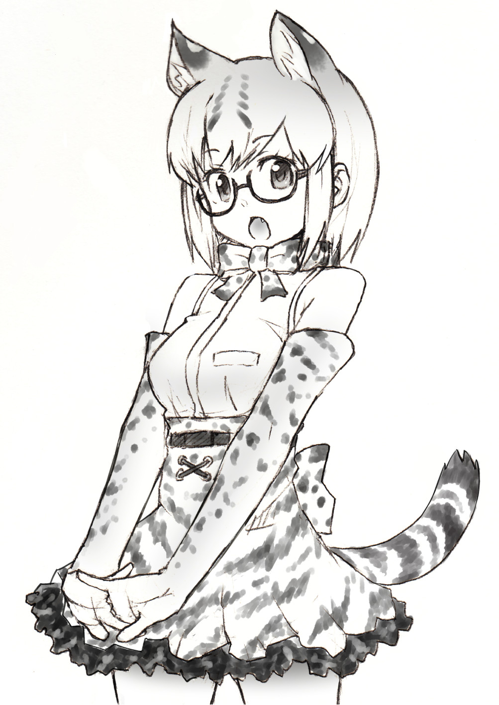 1girl, animal_ears, animal_print, bare_shoulders, bow, bowtie, cat_ears, commentary_request, elbow_gloves, glasses, gloves, greyscale, highres, interlocked_fingers, kemono_friends, looking_at_viewer, margay_(kemono_friends), margay_ears, margay_tail, monochrome, open_mouth, sleeveless, sokushinbutsu, solo, tail