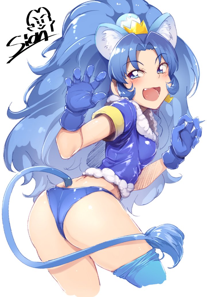 1girl, :d, animal_ears, ass, back, blue_eyes, blue_gloves, blue_hair