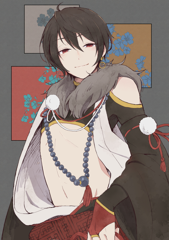 1boy, black_hair, bridal_gauntlets, ensemble_stars!, flower, hair_between_eyes, iida_(11ta_hm), japanese_clothes, jewelry, looking_at_viewer, male_focus, midriff, navel, pom_pom_(clothes), red_eyes, ribbon-trimmed_sleeves, ribbon_trim, sakuma_ritsu, short_hair, single_earring, solo