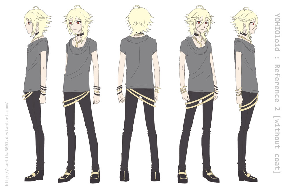 1boy, androgynous, asymmetrical_hair, back, beltskirt, bishounen, black_pants, blonde_hair, bracelet, character_sheet, choker, collar, concept_art, full_body, jewelry, long_hair, loose_clothes, messy_hair, multiple_views, pants, profile, red_eyes, sartika_nurhasanah, sketch, turnaround, vocaloid, yohioloid
