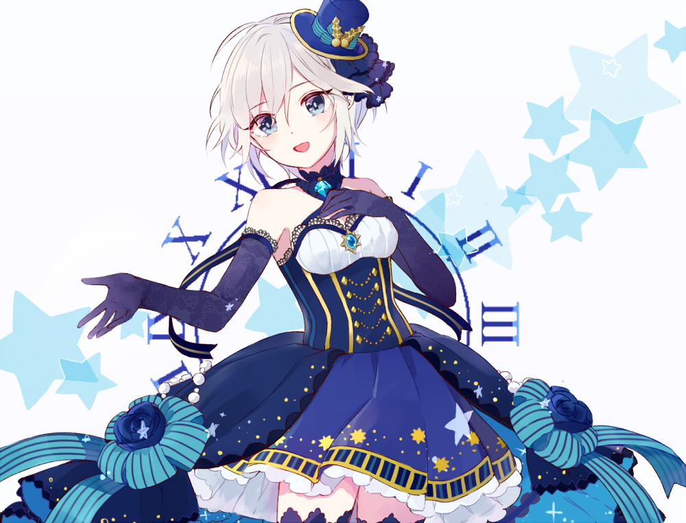 1girl, anastasia_(idolmaster), bare_shoulders, blue_dress, blue_eyes, blush, breasts, commentary_request, detached_sleeves, dress, elbow_gloves, eyebrows_visible_through_hair, gloves, hair_between_eyes, hand_on_own_chest, hat, idolmaster, idolmaster_cinderella_girls, idolmaster_cinderella_girls_starlight_stage, jewelry, looking_at_viewer, mini_hat, necklace, open_mouth, short_hair, silver_hair, solo, sutera_(pixivid9911890)