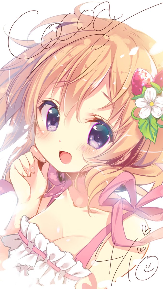 1girl, blonde_hair, breasts, cleavage, dress, flower, gochuumon_wa_usagi_desu_ka?, hair_flower, hair_ornament, highres, hoto_cocoa, ios_wallpaper, large_breasts, looking_at_viewer, mitsumomo_mamu, open_mouth, pink_ribbon, ribbon, short_hair, smile, solo, violet_eyes, wallpaper, white_dress
