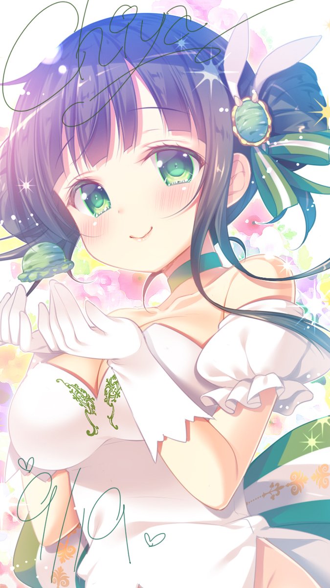 1girl, breasts, brown_hair, cleavage, cursive, dress, gochuumon_wa_usagi_desu_ka?, green_eyes, green_ribbon, hair_ornament, hair_ribbon, highres, ios_wallpaper, large_breasts, looking_at_viewer, mitsumomo_mamu, ribbon, smile, solo, ujimatsu_chiya, wallpaper, white_dress