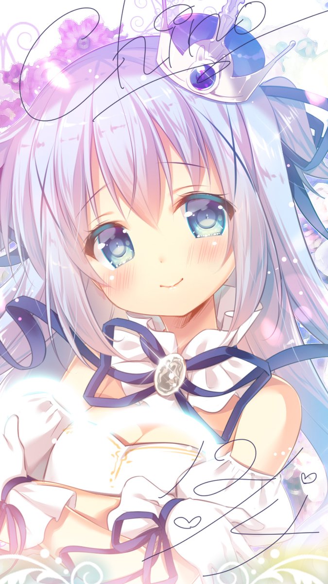 blue_eyes, blue_hair, blue_ribbon, breasts, cleavage, crown, cursive, dress