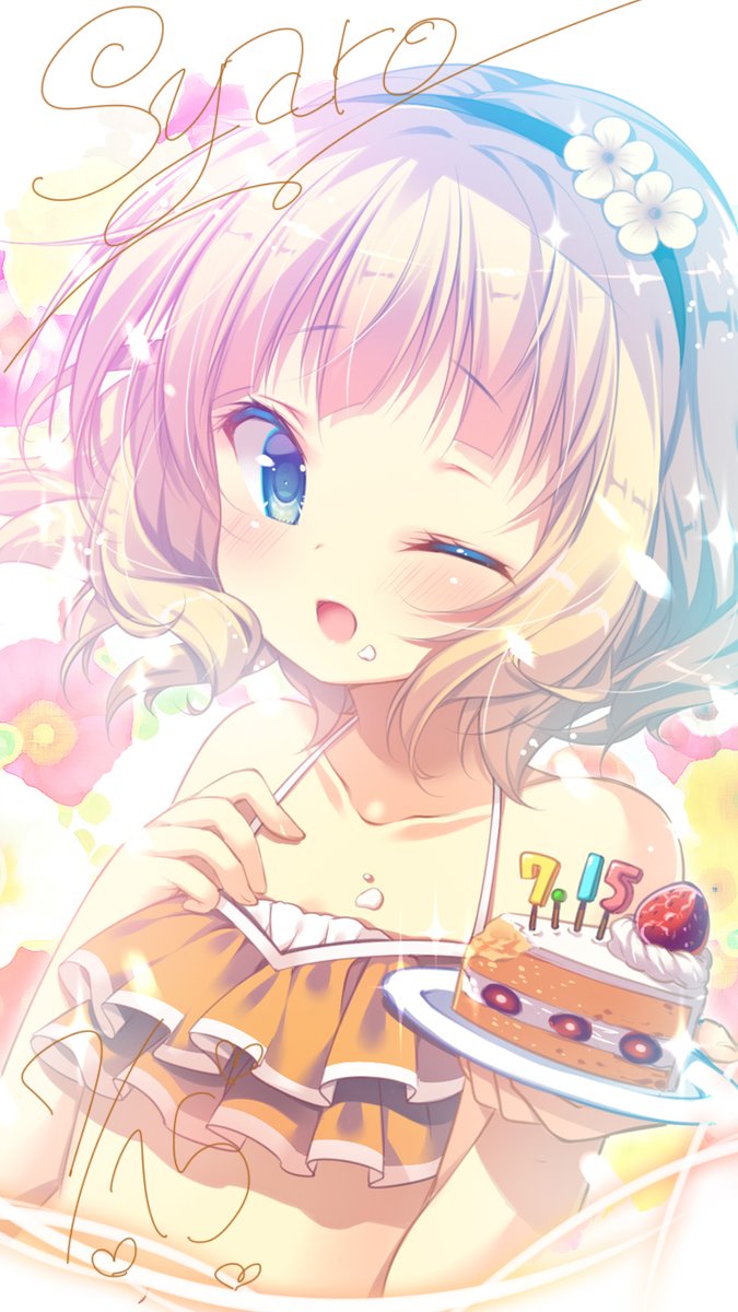 bikini_top, birthday_cake, blonde_hair, breasts, cake, cursive, flower, food
