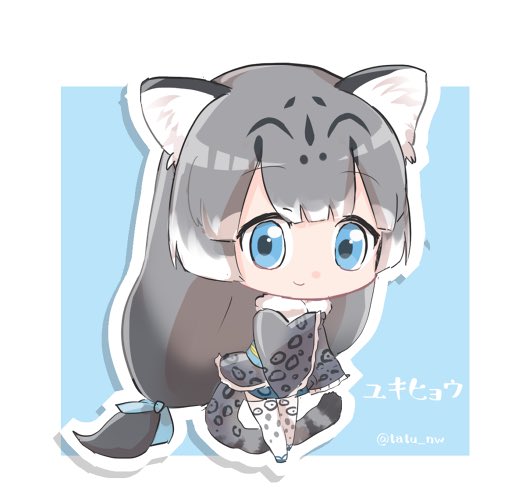 1girl, animal_ears, animal_print, blue_background, blue_eyes, blue_ribbon, border, character_name