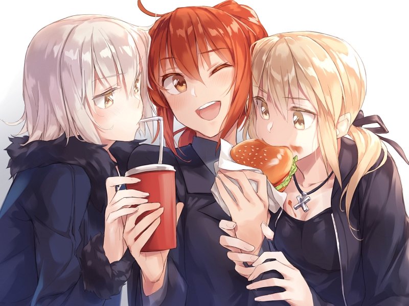 3girls, ;d, ahoge, alternate_costume, bangs, black_jacket, black_ribbon, black_shirt
