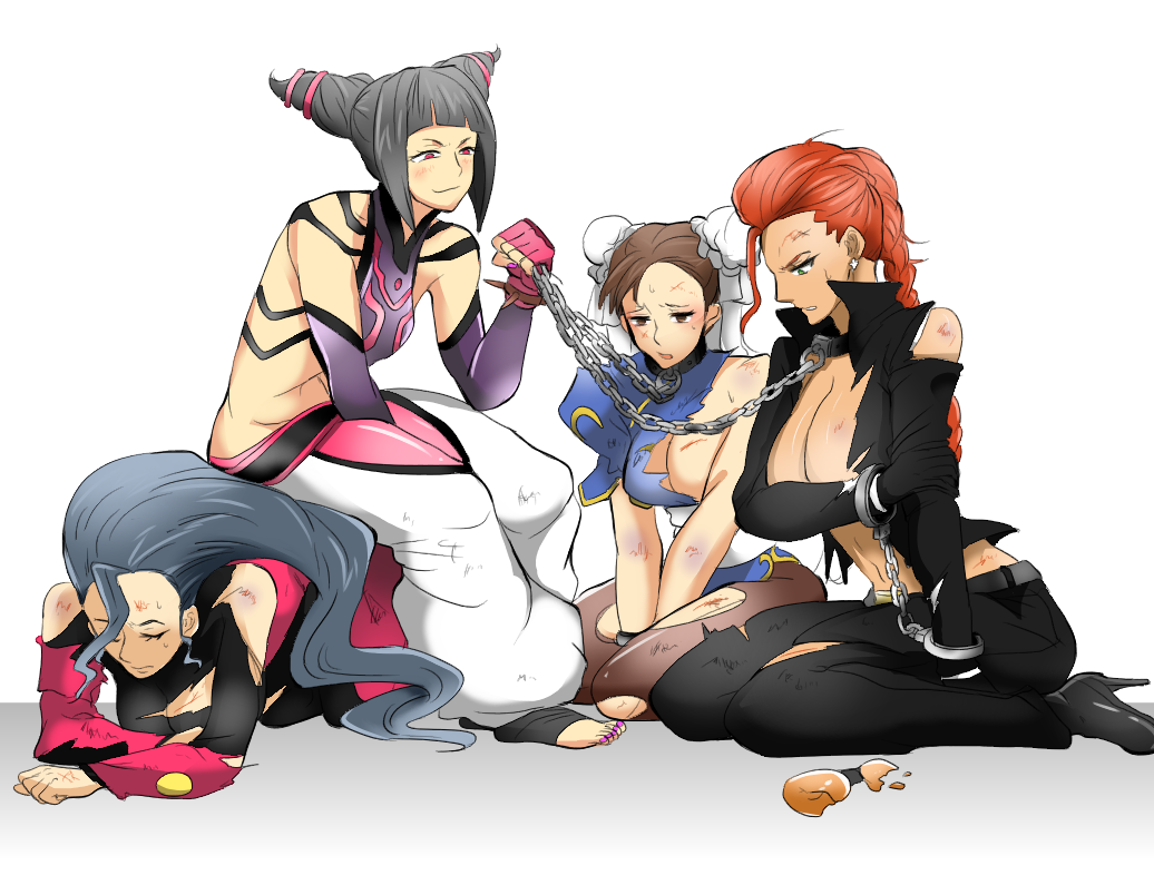 4girls, after_battle, black_hair, breasts, brown_hair, bruise, chun-li, cleavage