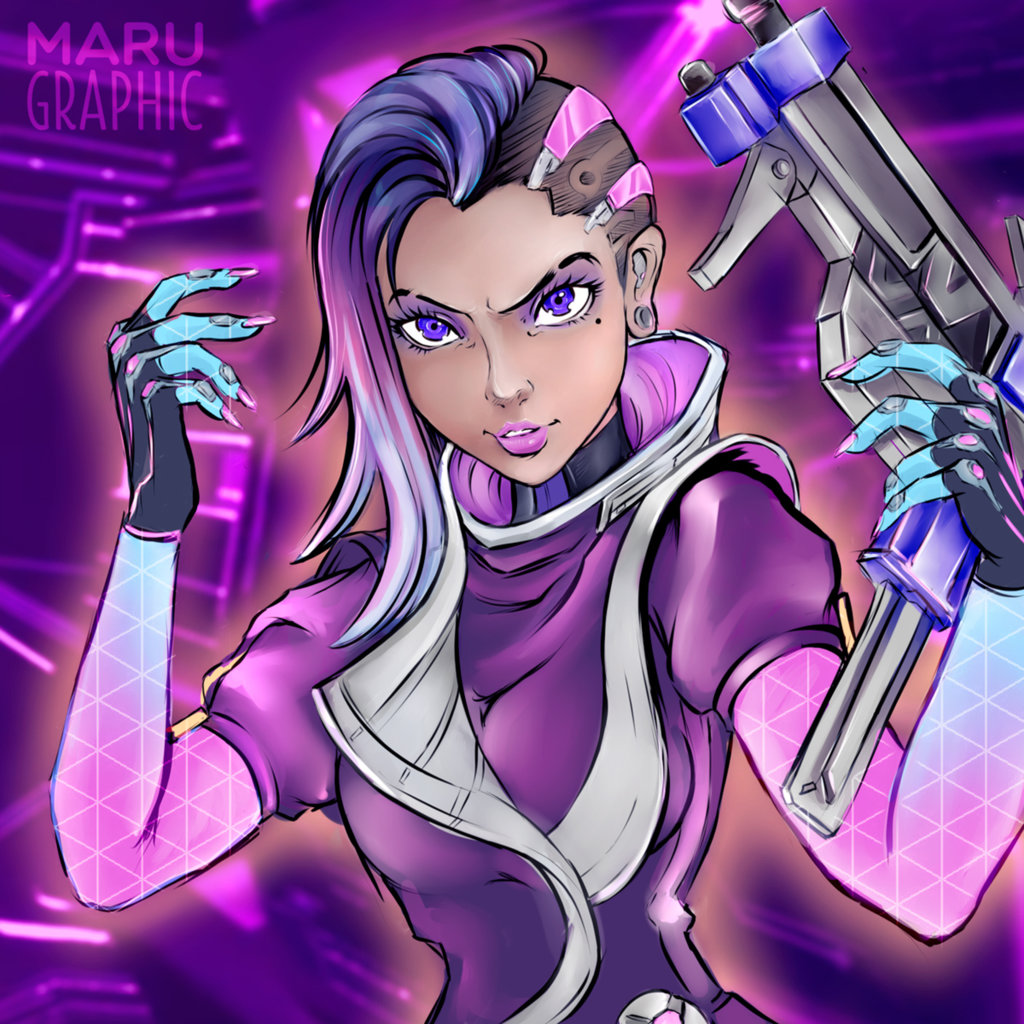 1girl, blue_eyes, dress, gun, maru_(marugraphic), overwatch, purple, purple_dress