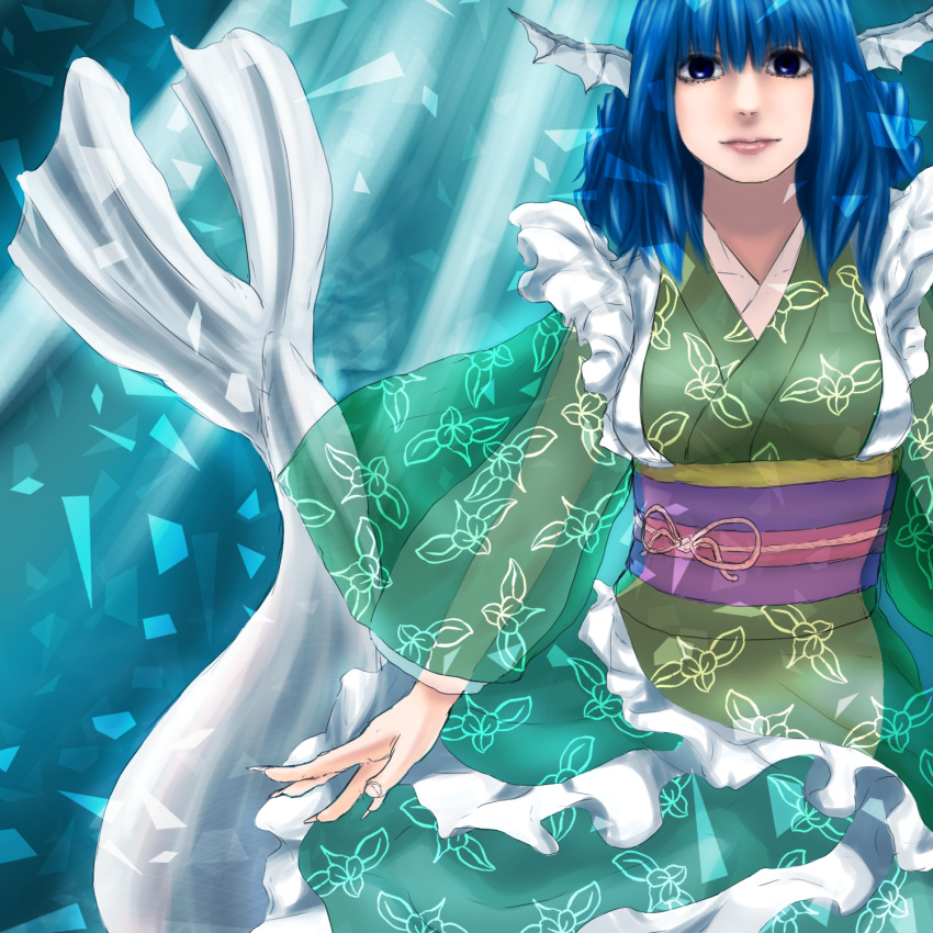 1girl, blue_eyes, blue_hair, breasts, frilled_kimono, frills, green_kimono, head_fins, highres, japanese_clothes, juurouta_(pixiv3673286), kimono, kimono_skirt, long_sleeves, medium_breasts, mermaid, monster_girl, obi, sash, see-through_silhouette, solo, touhou, transparent_sleeves, wakasagihime, wide_sleeves