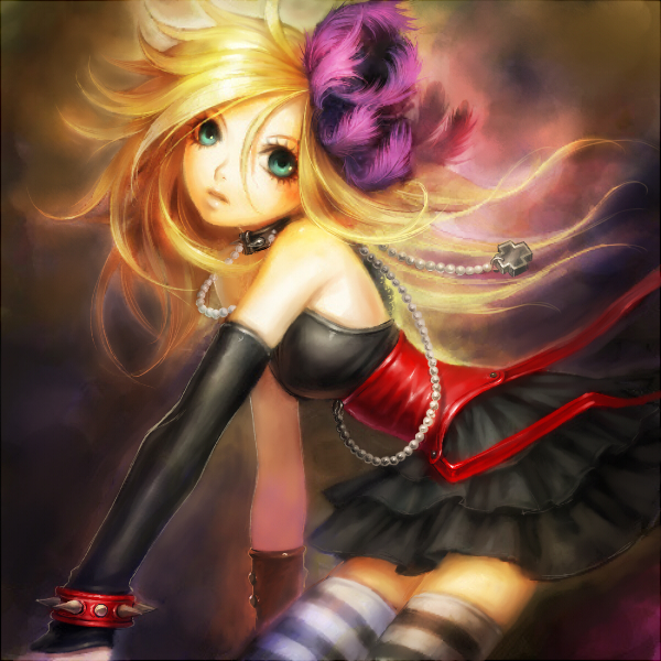 1girl, blonde_hair, breasts, collar, corset, dragon_quest, dragon_quest_swords, elbow_gloves