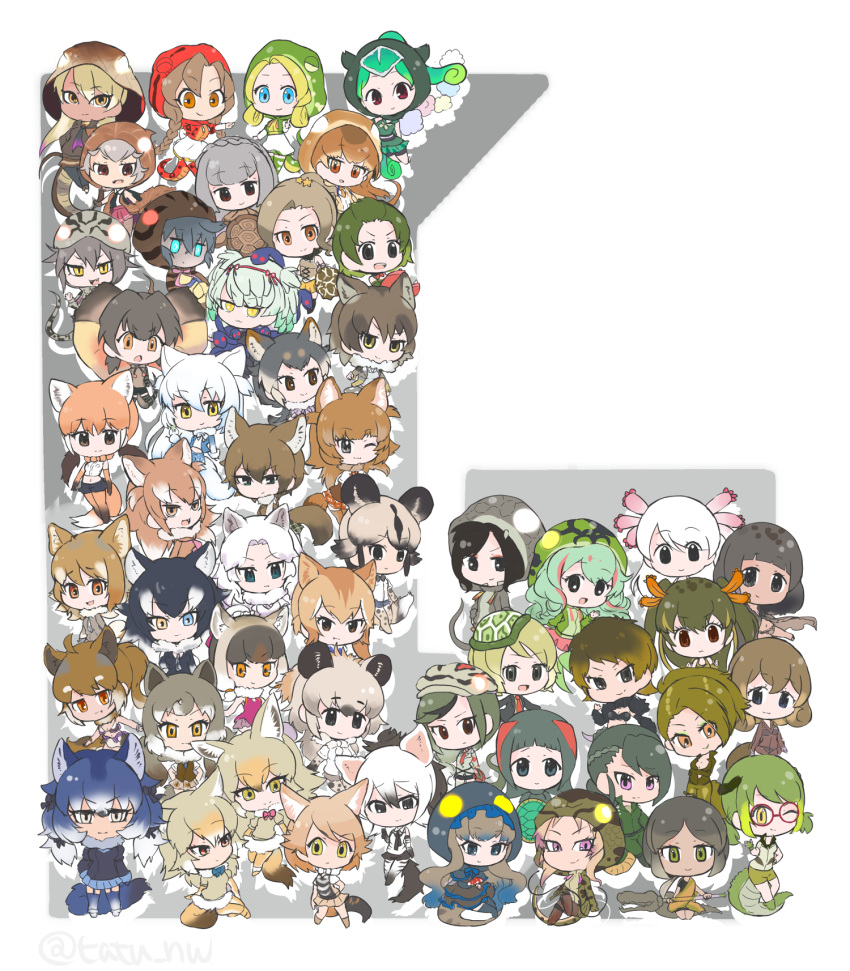 6+girls, :d, :|, ;), aardwolf_(kemono_friends), african_rock_python_(kemono_friends), ahoge, alligator_snapping_turtle_(kemono_friends)