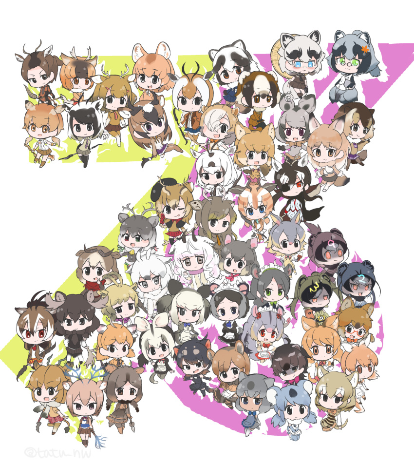 6+girls, :d, alpine_ibex_(kemono_friends), antlers, apron, arabian_oryx_(kemono_friends), bat-eared_fox_(kemono_friends), bilby_(kemono_friends)